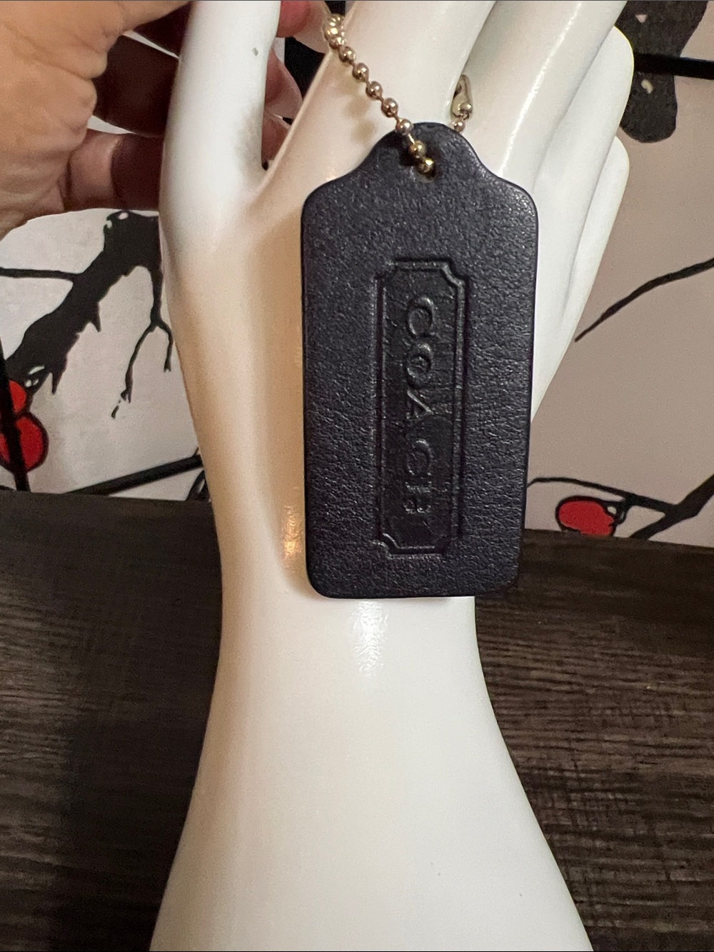 Coach Black Leather Embossed Tag Key Fob with Silver Ball Chain